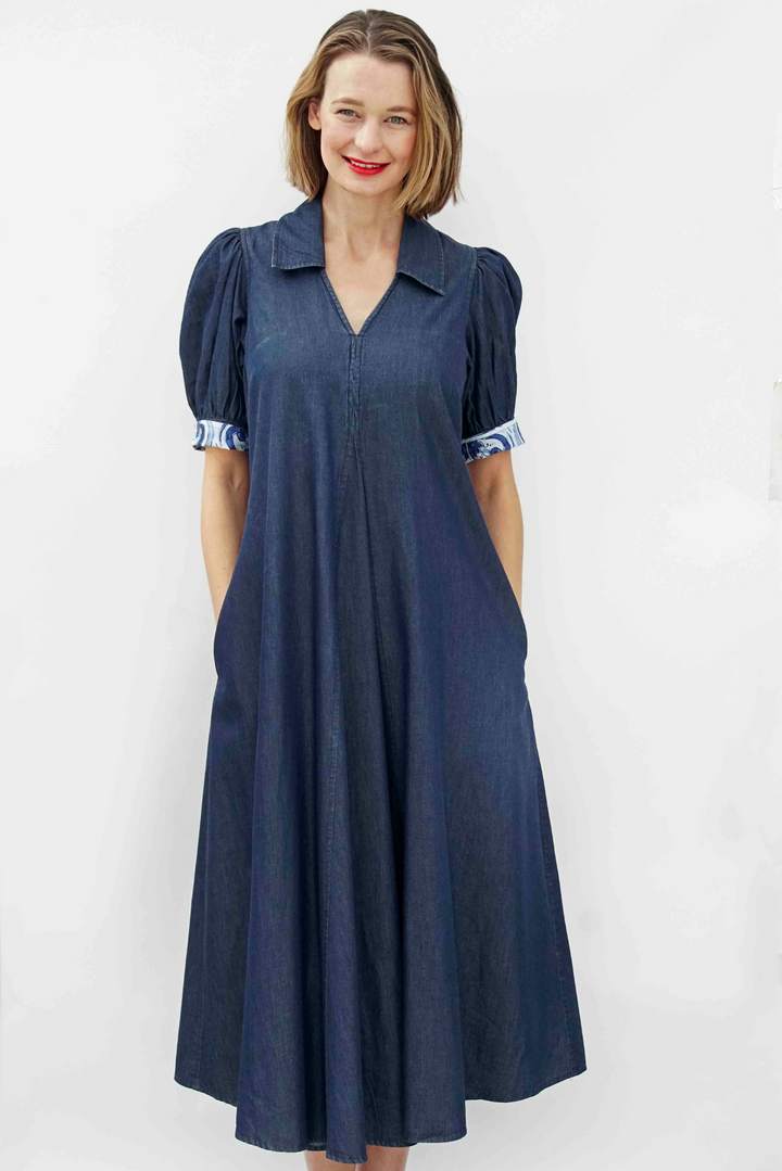 Dizzy-Lizzie Montauk Trapeze Denim Dress, Midi Length