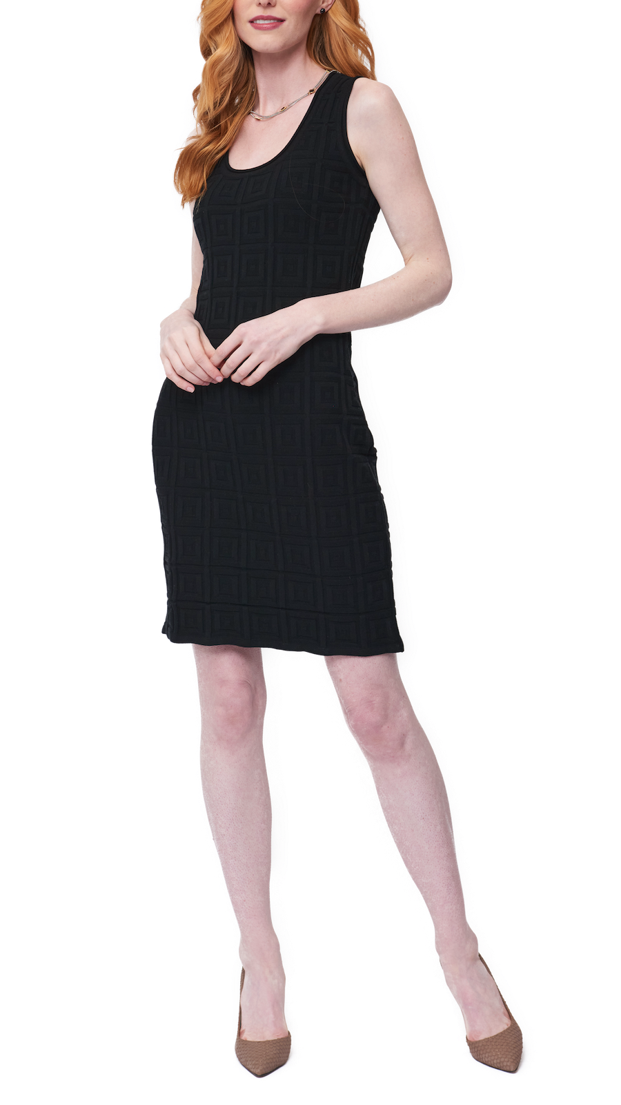 Biana Vera Square-Detail Knit Sheath Dress in Black available at Barbara Katz