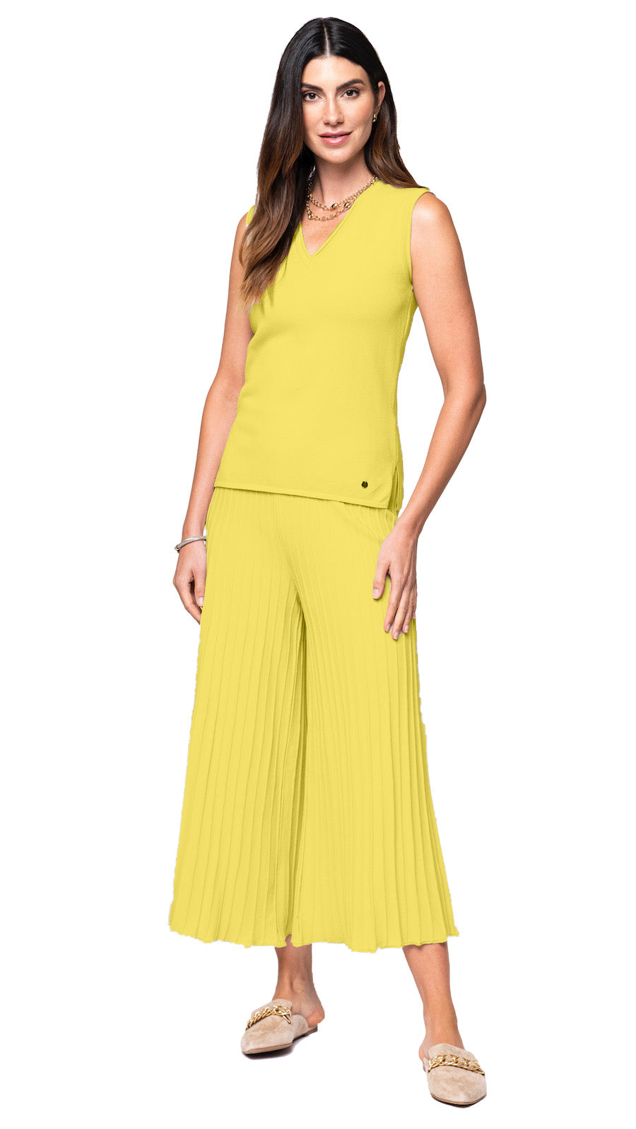 Biana Giuliana Plisse-Look Cropped Wide Leg Pants in Lemon Yellow available at Barbara Katz