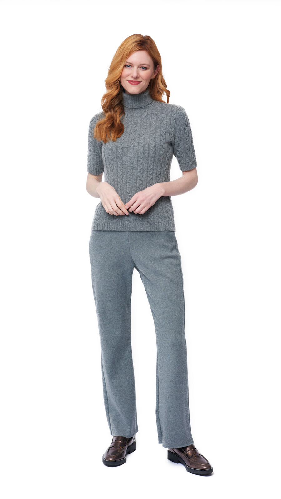 Lea Short Sleeved Cable-Knit Turtleneck, Gray