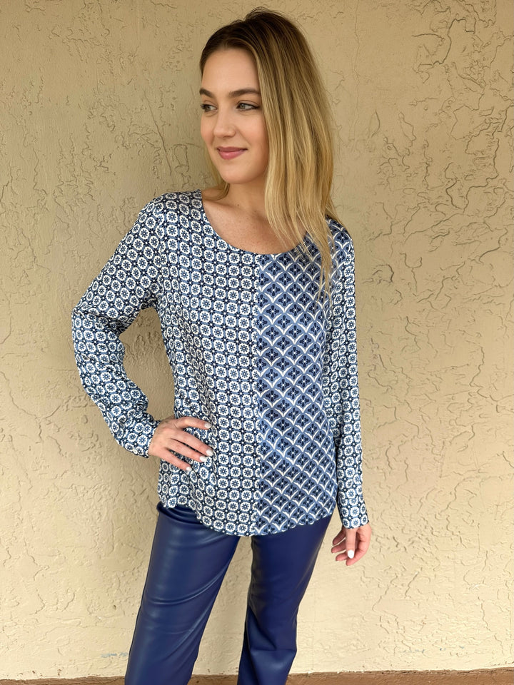 Printed Long Sleeve Tee - Blue Block