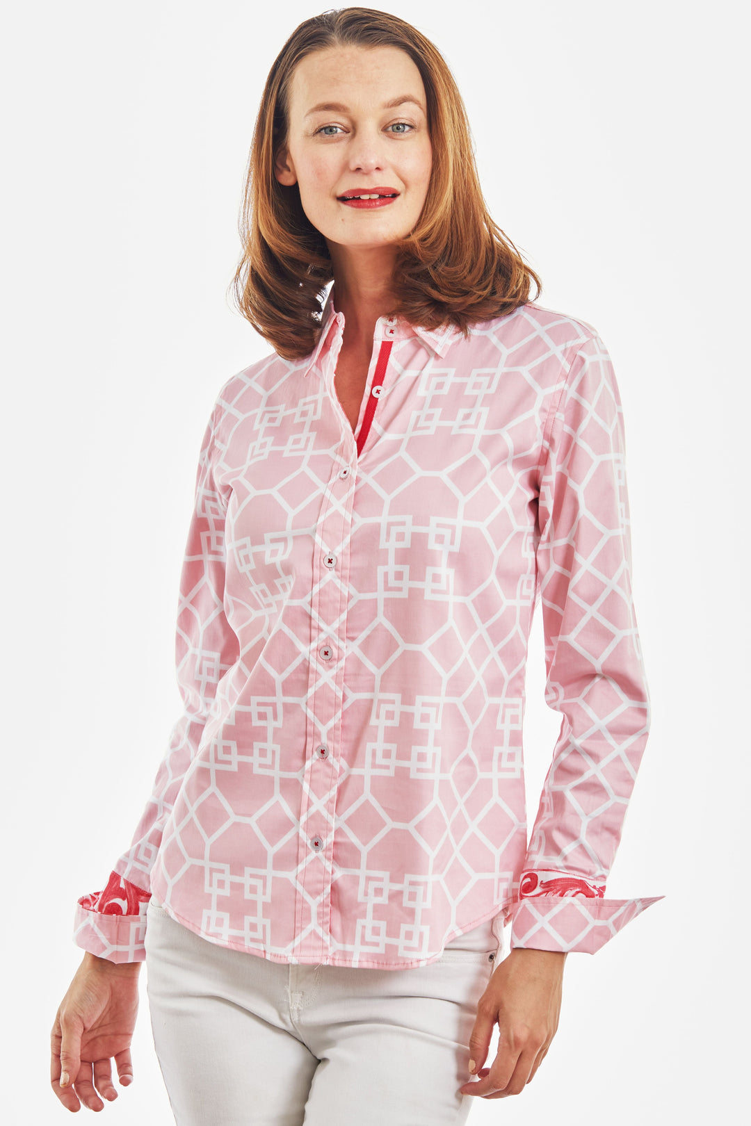 Dizzy Lizzie Rome Shirt Pink White Geo, Pink Ground