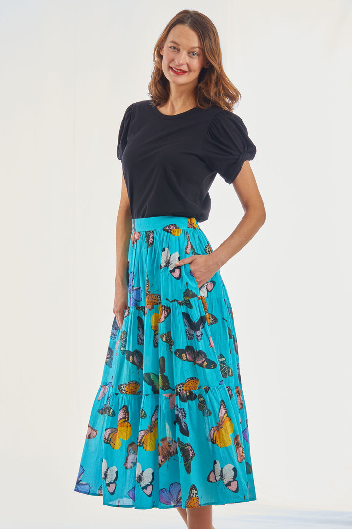 Dizzy Lizzie Woodstock Turquoise Butterfly Pull On Flounce Skirt